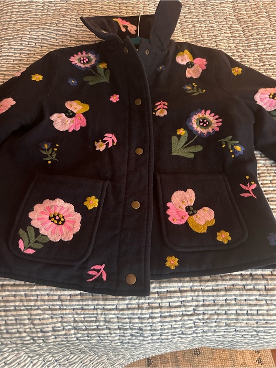 Boden Jackets & Blazers - Boden navy Pea Coat with Pink & Yellow Floral Embroidery